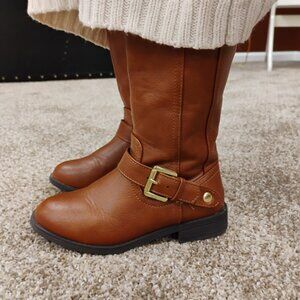 Girls Cognac Knee High Riding Boots Buckle Side Zip Size 12 M